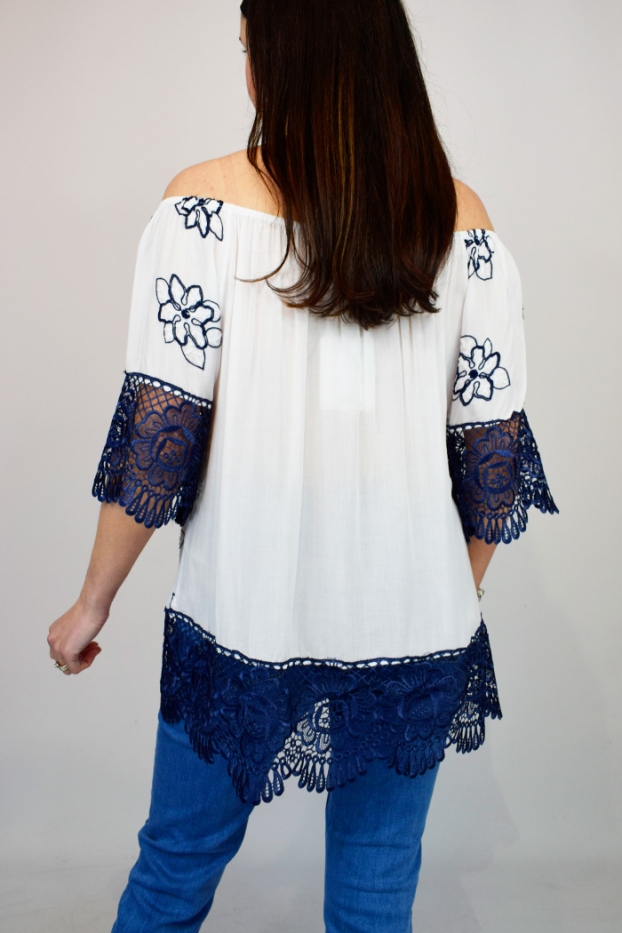 Navy Floral Embroidered Bardot Top
