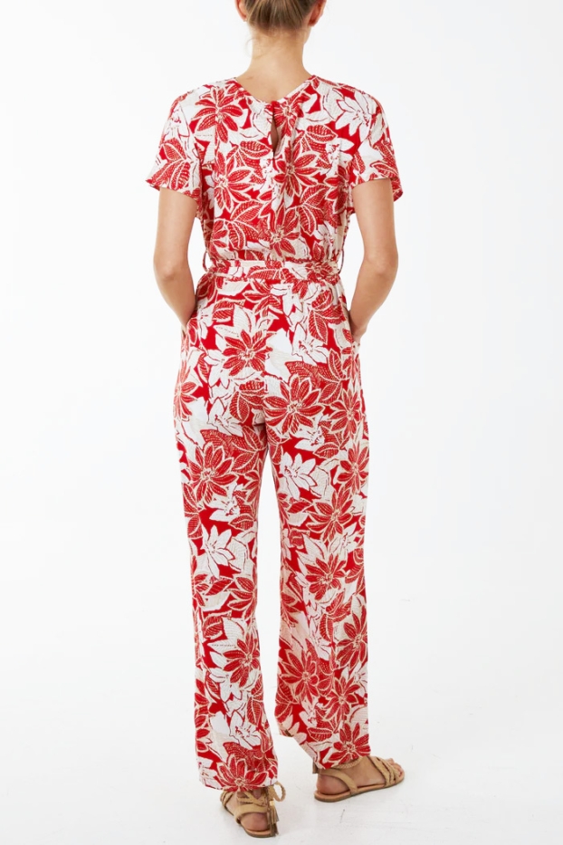 Floral Print Cross Over Short Sleeve Jumpsuit