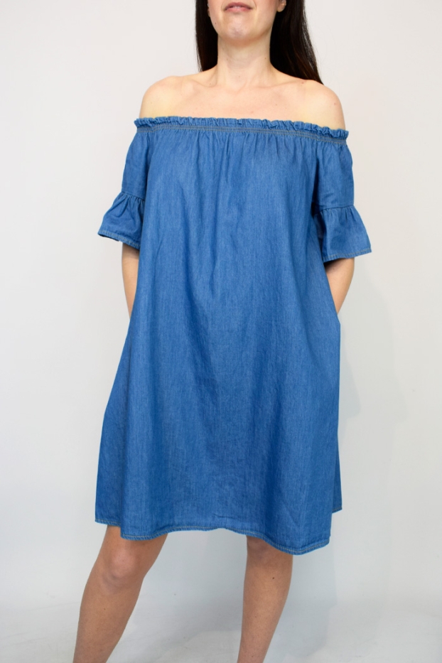 Frill Bardot Denim Pocket Dress