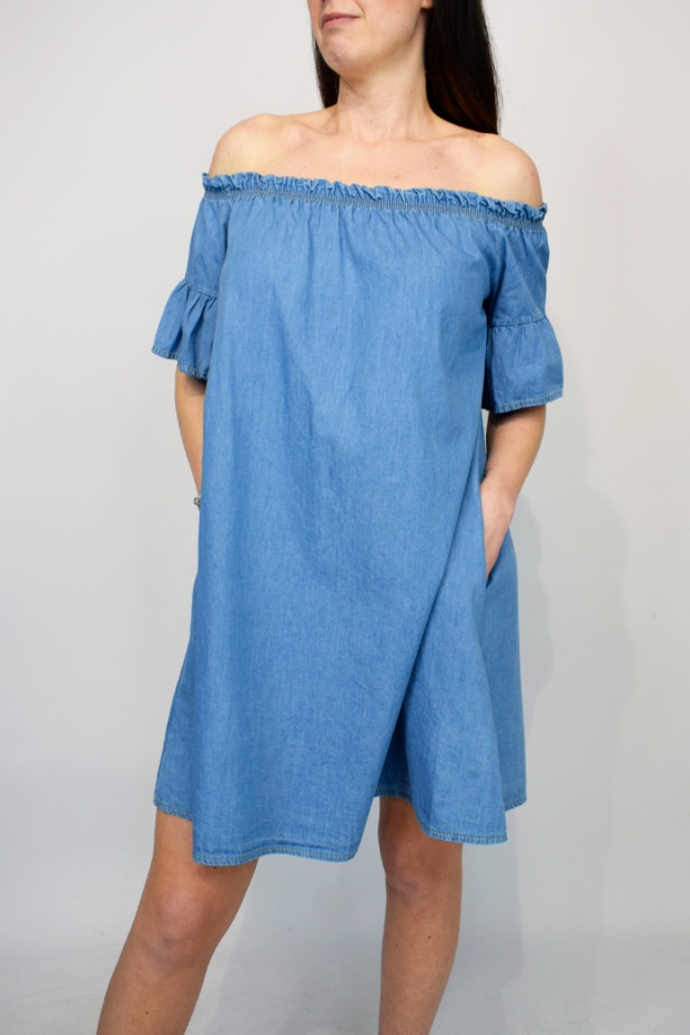 Frill Bardot Denim Pocket Dress