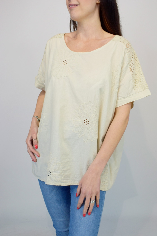 Floral Embroidered Crochet Back Oversized Top