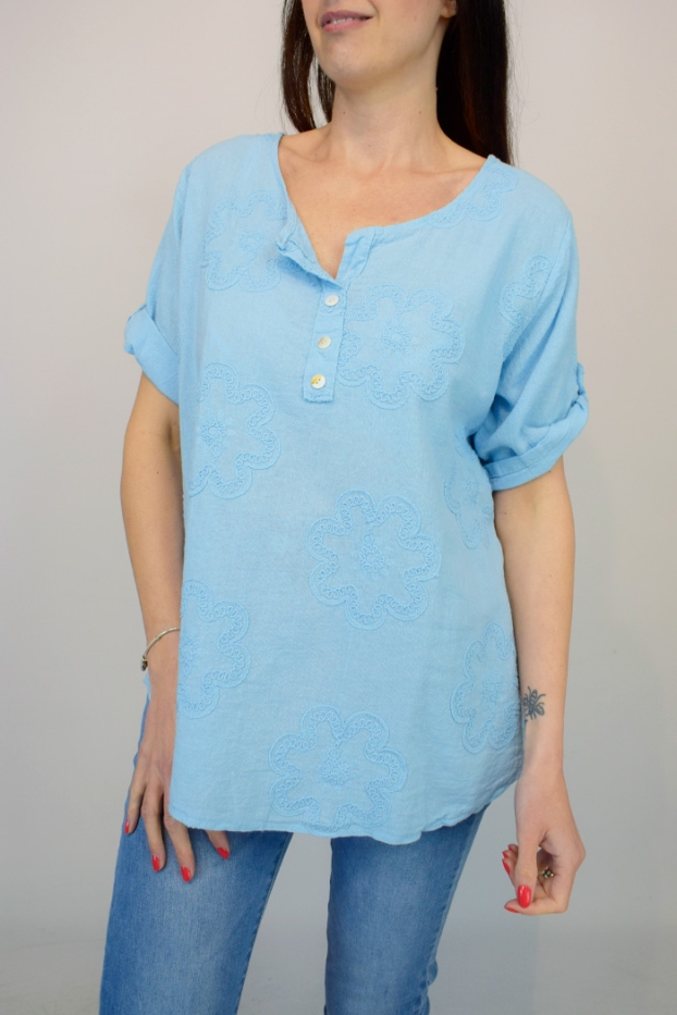 Floral Embossed Button Front Italian Top