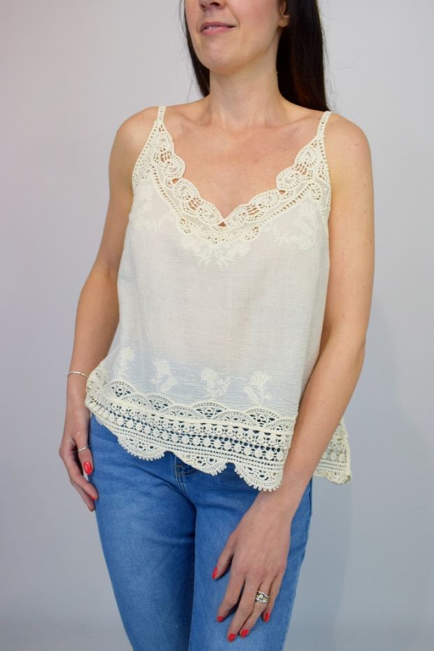 Crochet Trim Embroidered Thin Strap Top