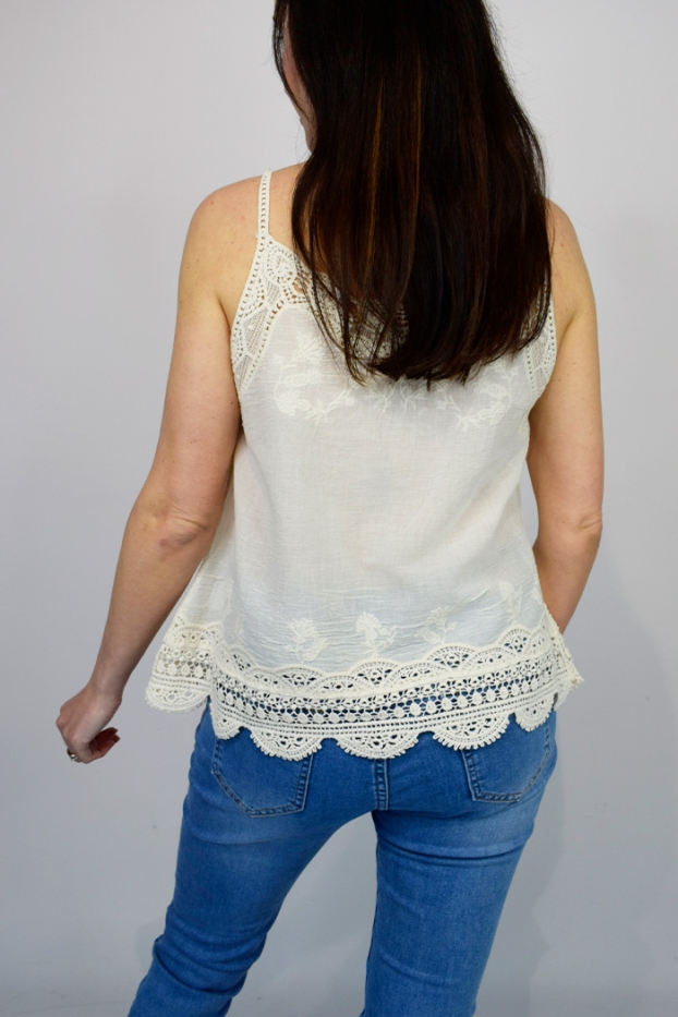 Crochet Trim Embroidered Thin Strap Top