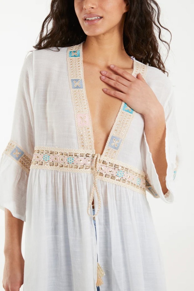 Embroidered Tassel V-Neck Tunic Top