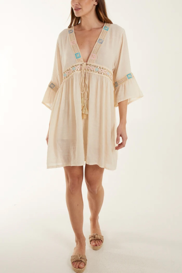 Embroidered Tassel V-Neck Tunic Top