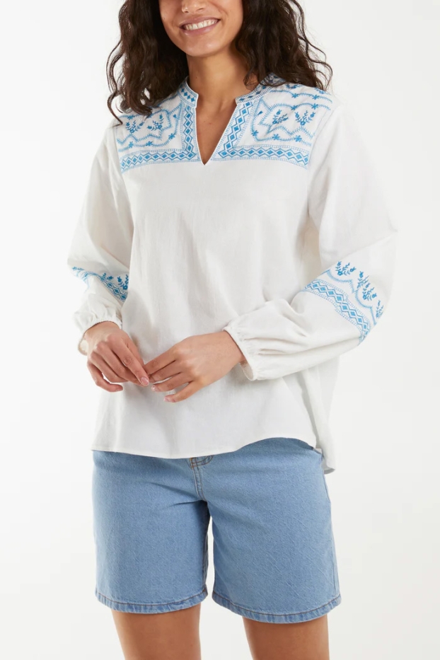 Grandad Collar Embroidered Blouse