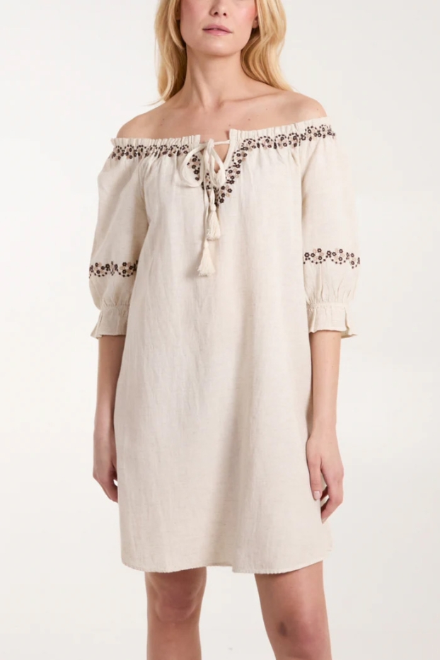 Embroidered Tassel Front Tunic Dress