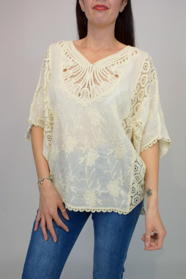 Fan Sleeve Embroidered Crochet Trim Top
