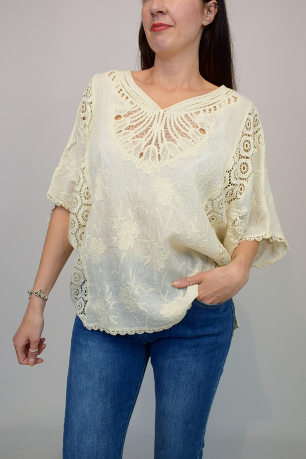 Fan Sleeve Embroidered Crochet Trim Top
