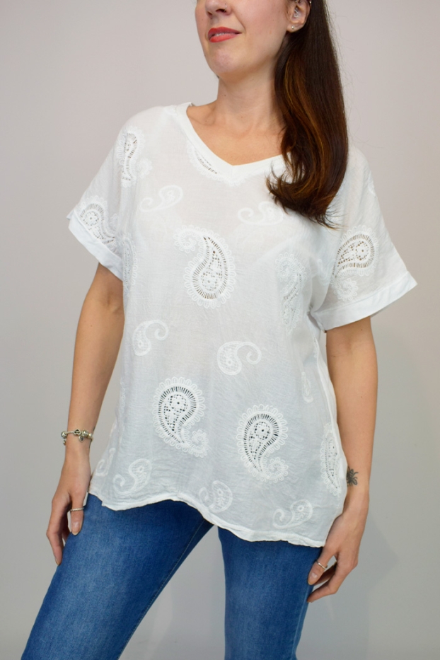 Paisley Embroidered V-Neck Cotton Top