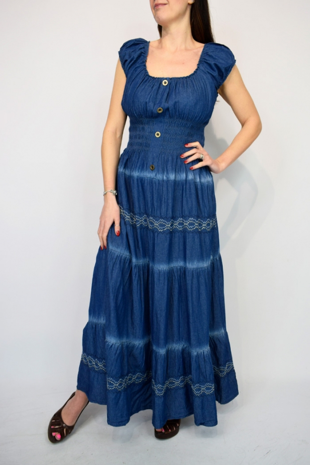 Wave Embroidered Button Front Denim Maxi Dress