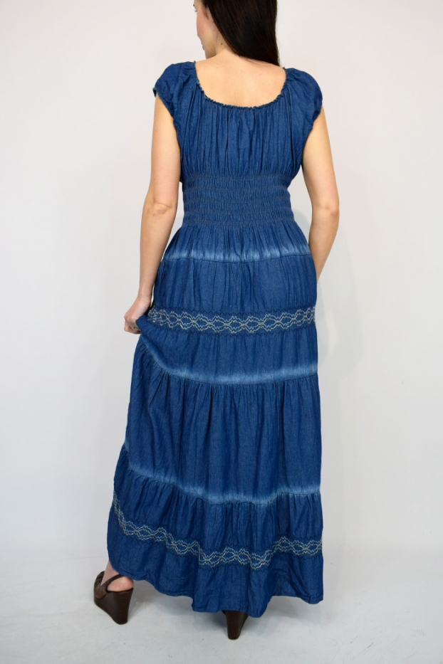Wave Embroidered Button Front Denim Maxi Dress