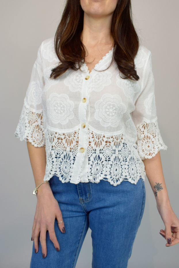 Button Front Crochet Hem Embroidered Top