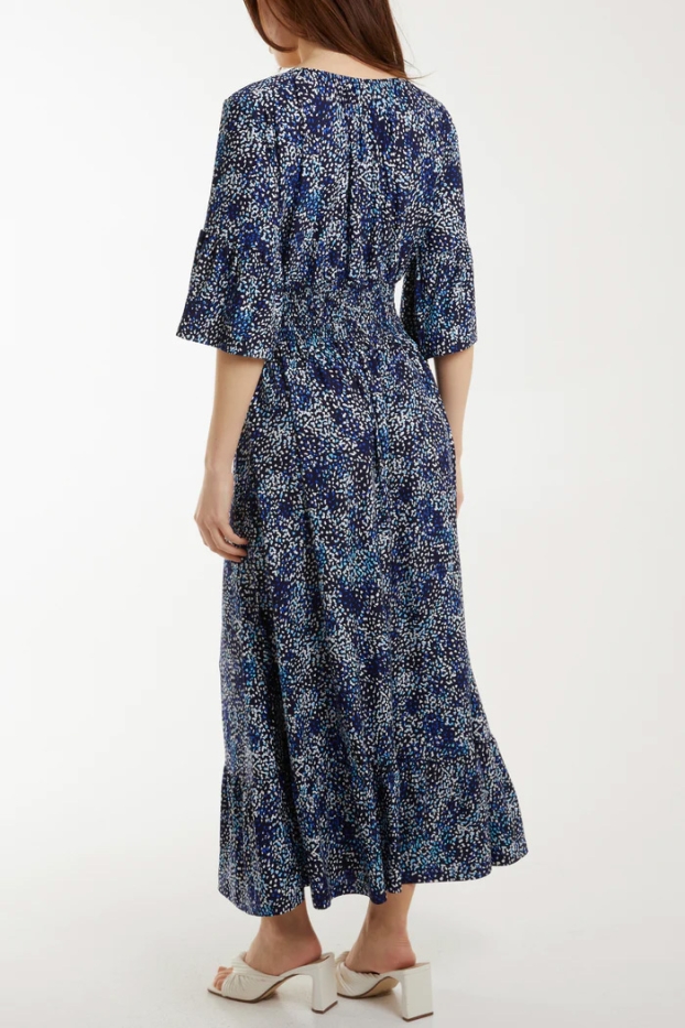 Abstract Spot V-Neck Shirred Maxi Dress