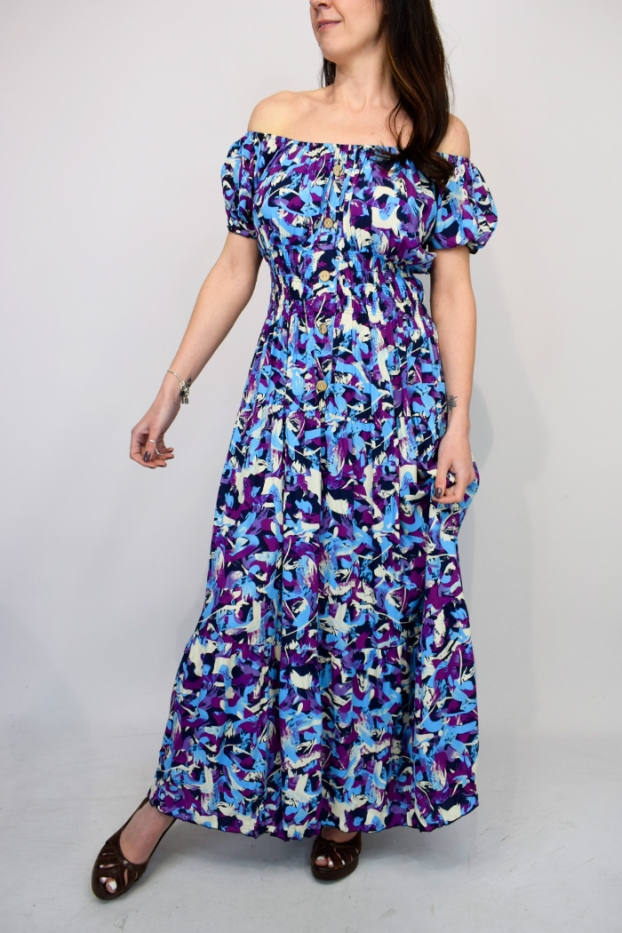 Abstract Leaf Button Front Maxi Dress