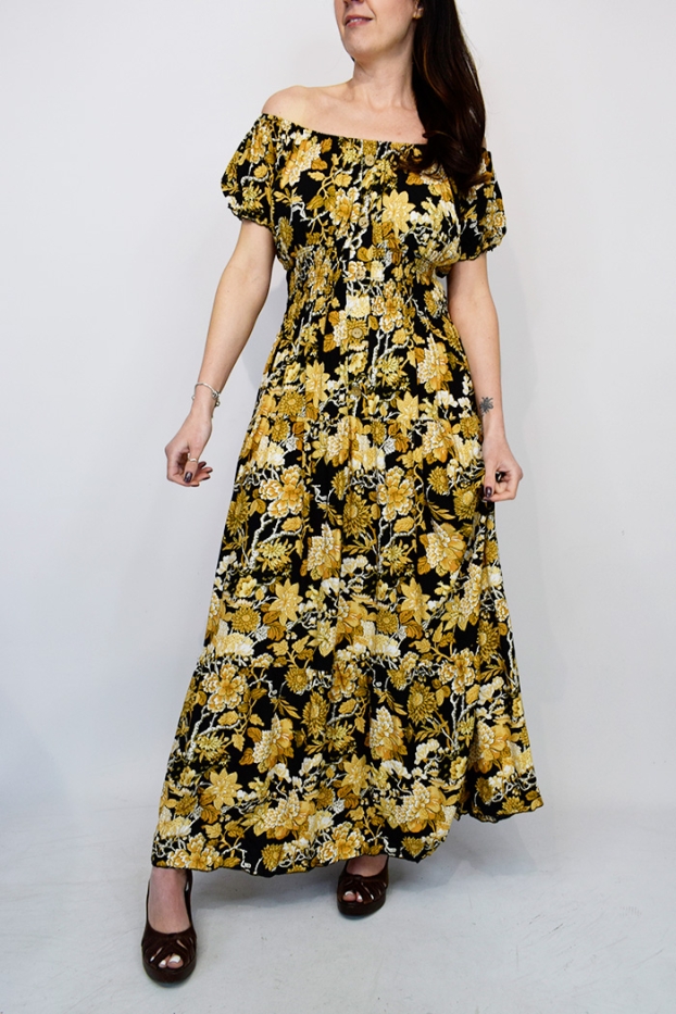 Bold Flower Button Bardot Maxi Dress