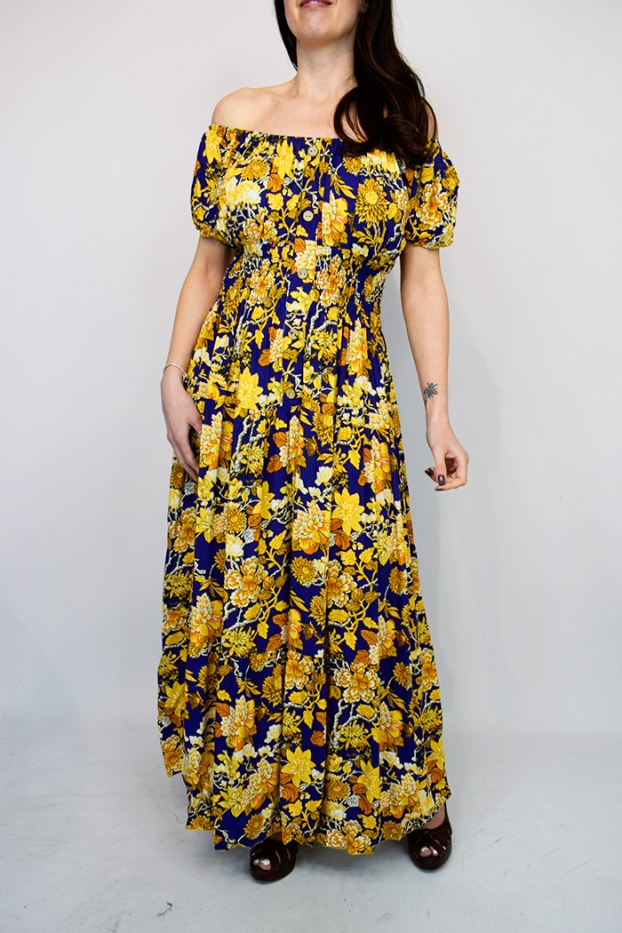 Bold Flower Button Bardot Maxi Dress