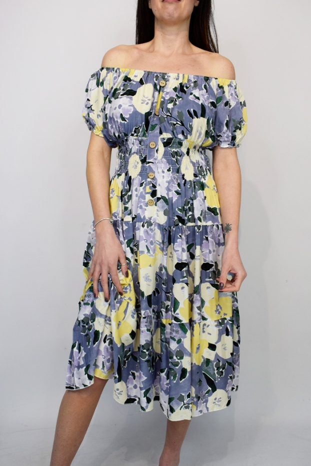 Abstract Flower Button Bardot Midi Dress