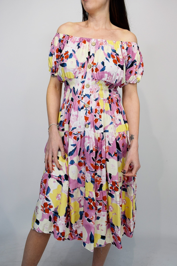 Abstract Flower Button Bardot Midi Dress
