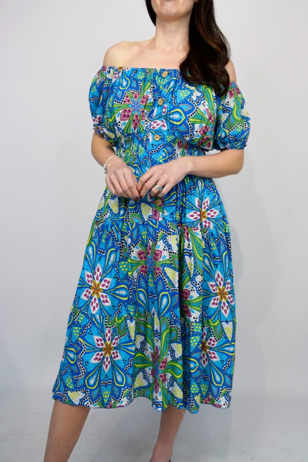 Paisley Flower Bardot Button Midi Dress