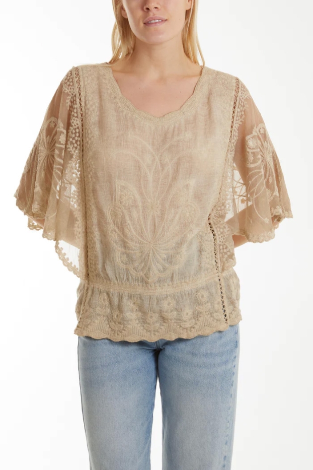 Lace Sleeve Embroidered Frill Hem Top