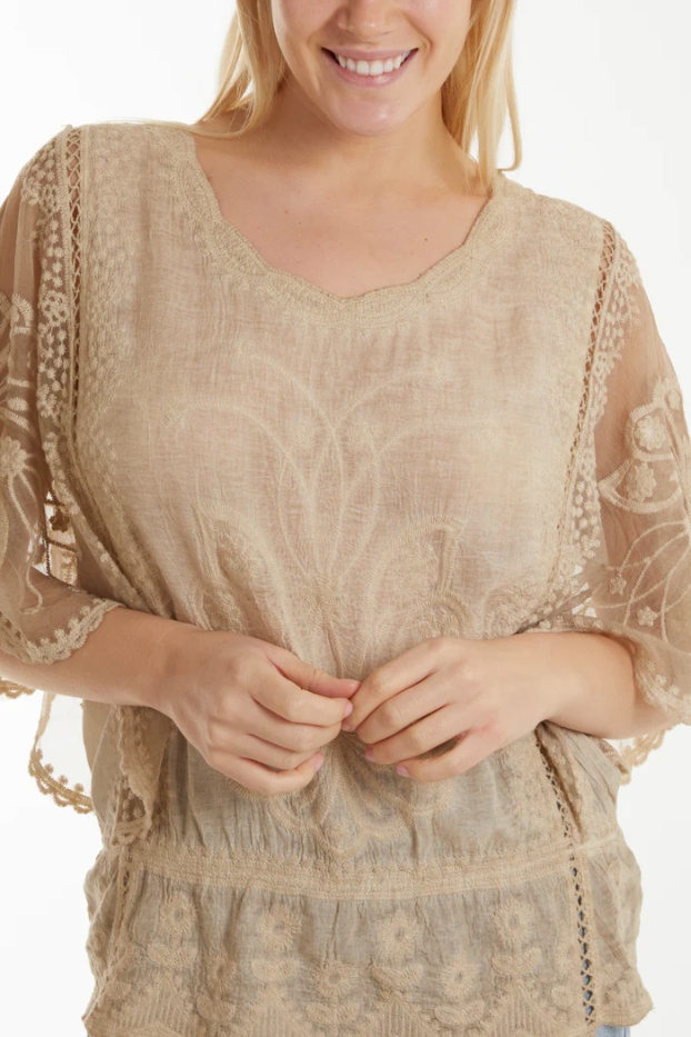 Lace Sleeve Embroidered Frill Hem Top
