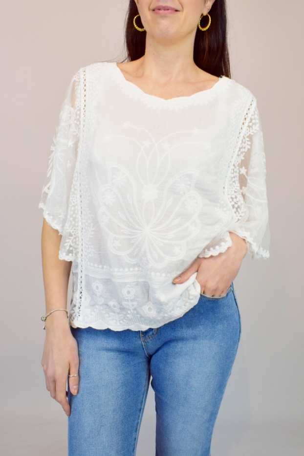 Floral Lace Fan Sleeve Embroidered Top