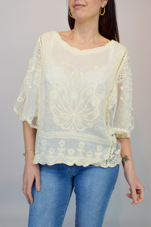 Floral Lace Fan Sleeve Embroidered Top