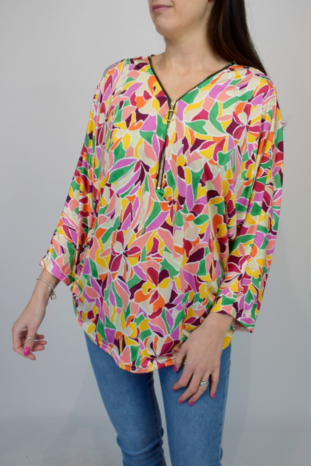 Coloured Abstract Leaf Oversized Zip Top