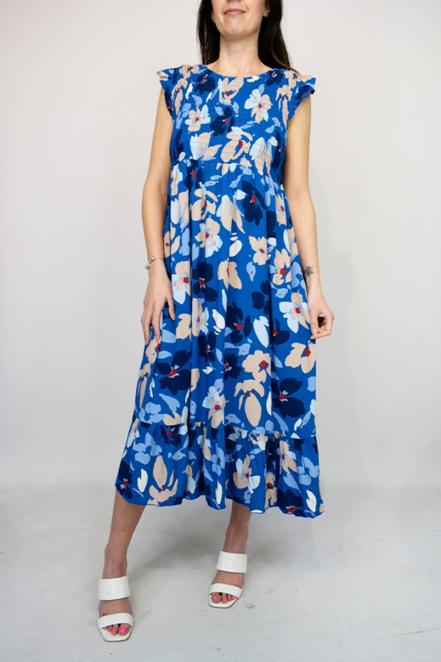 Abstract Flower Shirred Body Cotton Dress