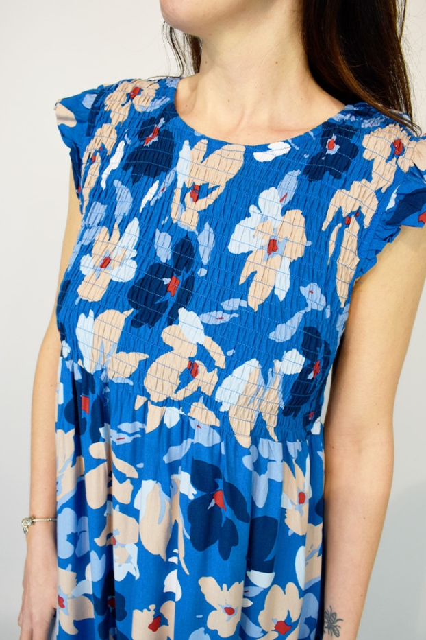 Abstract Flower Shirred Body Cotton Dress