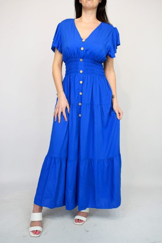 Button Front Frill Sleeve Cotton Maxi Dress